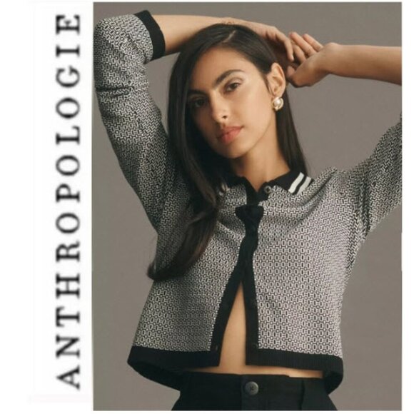 Anthropologie Sweaters - Maeve Plunging Polo Cardigan Black and White Varsity Jacket Size M